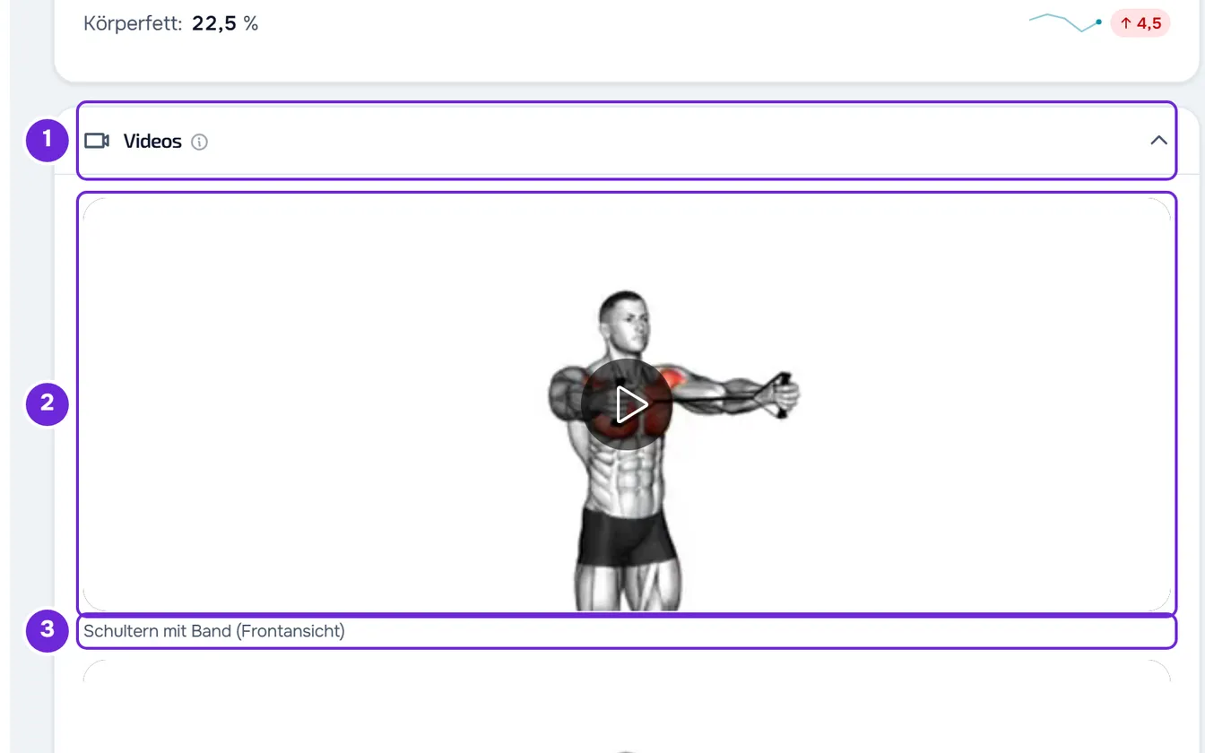 Karte Videos einer Körperanalyse aus Trainersicht, mit pausiertem erstem Video, dem Wiedergabekreis und der Beschriftung darunter.