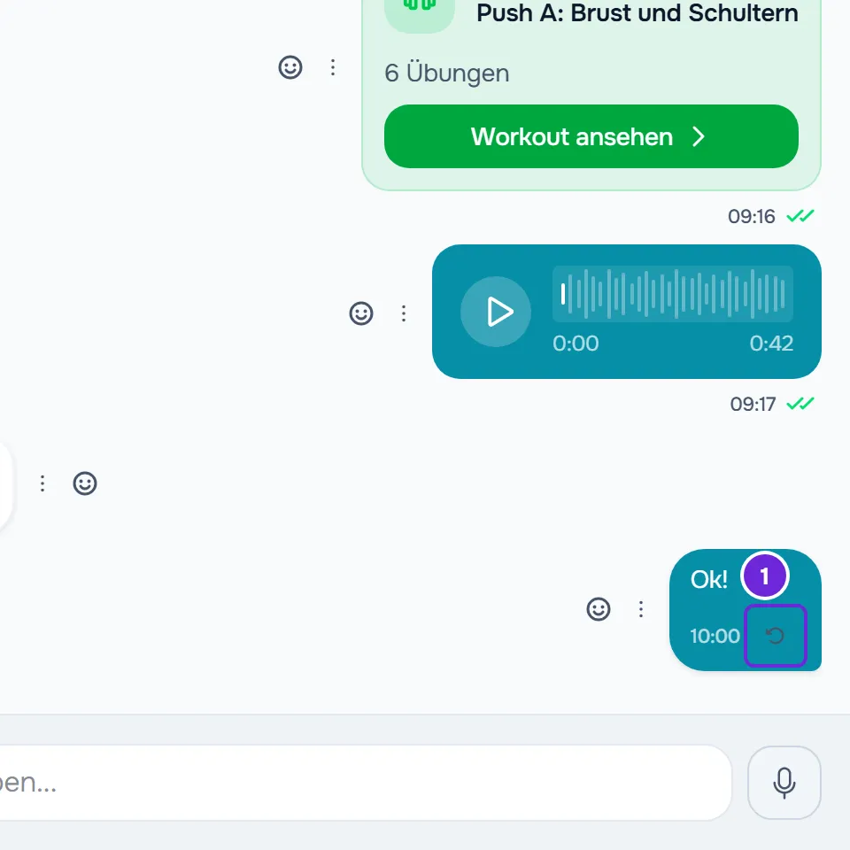 Chat-Unterhaltung, in der die letzte Nachricht des Trainers, „Ok!“, nicht gesendet wurde: neben 10:00 der Button Erneut versuchen mit Kreispfeil.