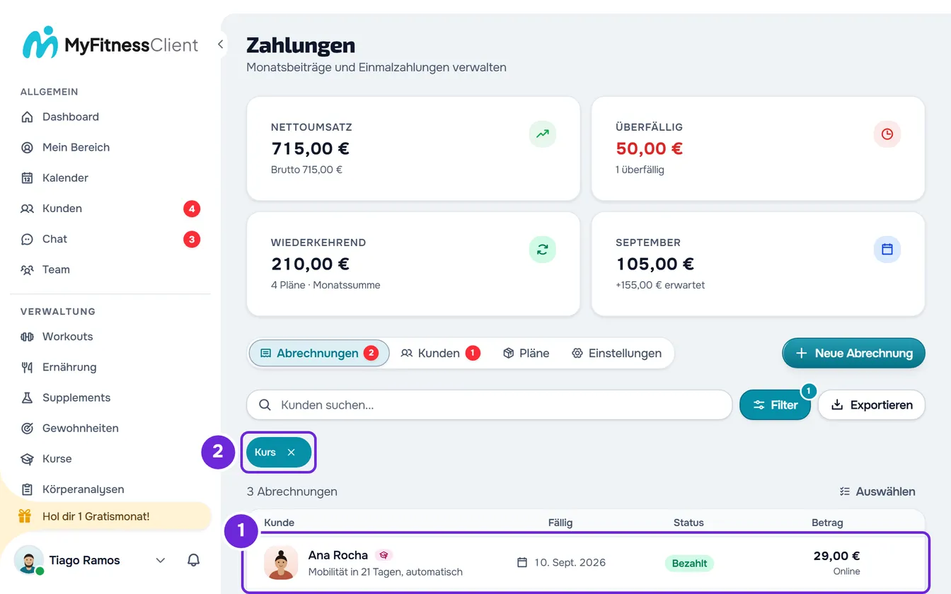 Abrechnungen nach dem Typ Kurs gefiltert: der Filter Kurs über der Liste und die Zeile eines Kursverkaufs, online bezahlt, markiert.