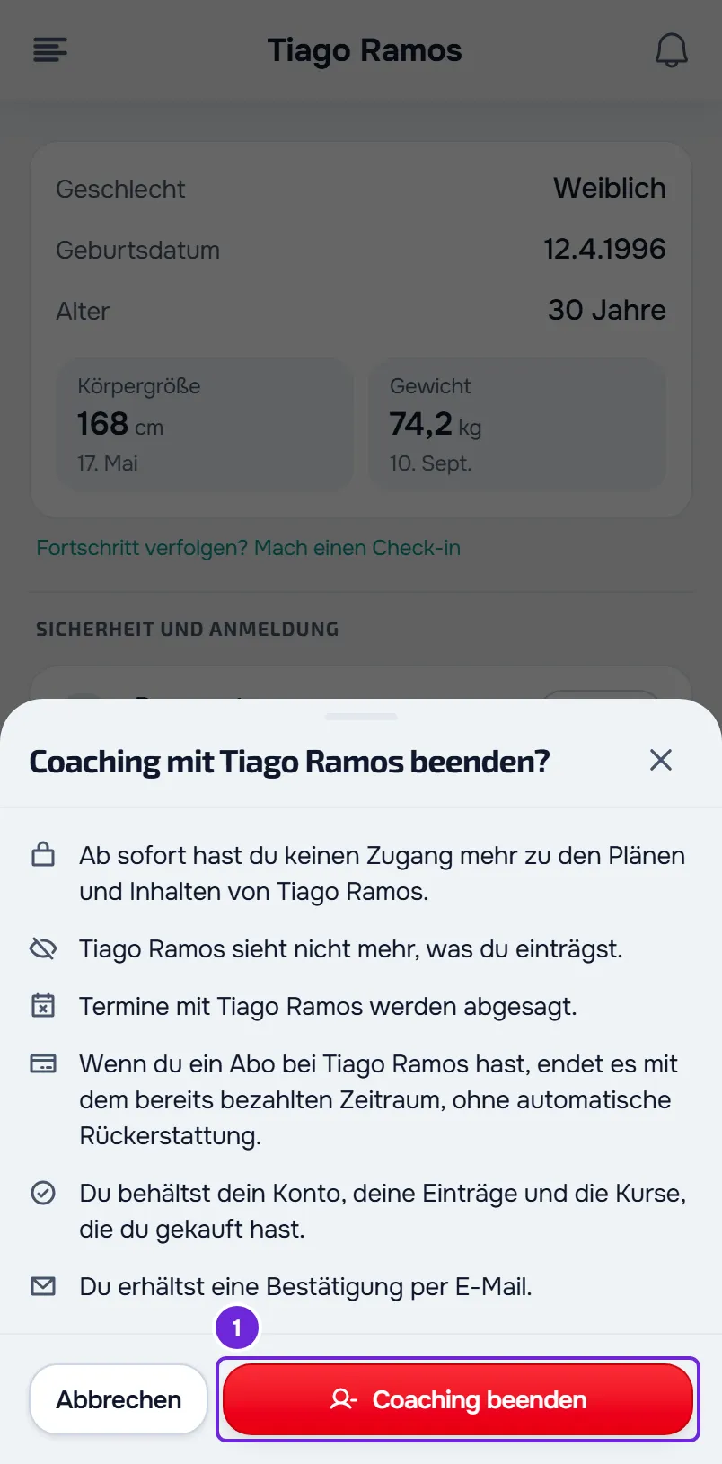 Das Bestätigungsfenster zum Beenden des Coachings mit Tiago Ramos auf dem Handy, mit den Änderungen und der markierten Schaltfläche Coaching beenden.