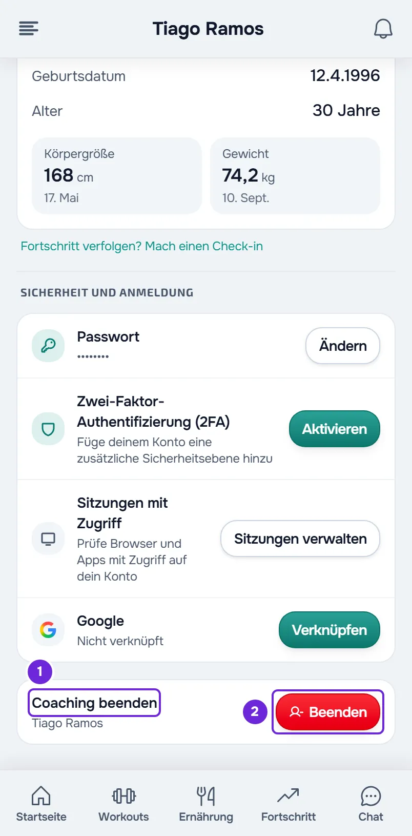 Das Ende des Profils in den Einstellungen auf dem Handy, mit markierter Zeile Coaching beenden und markierter Schaltfläche Beenden.