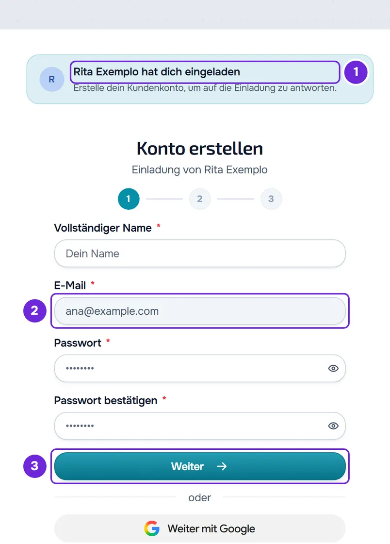 Registrierung aus der Einladung als Kundenkonto. Markiert sind die Einladungskarte, die schon ausgefüllte, gesperrte E-Mail-Adresse und Weiter.