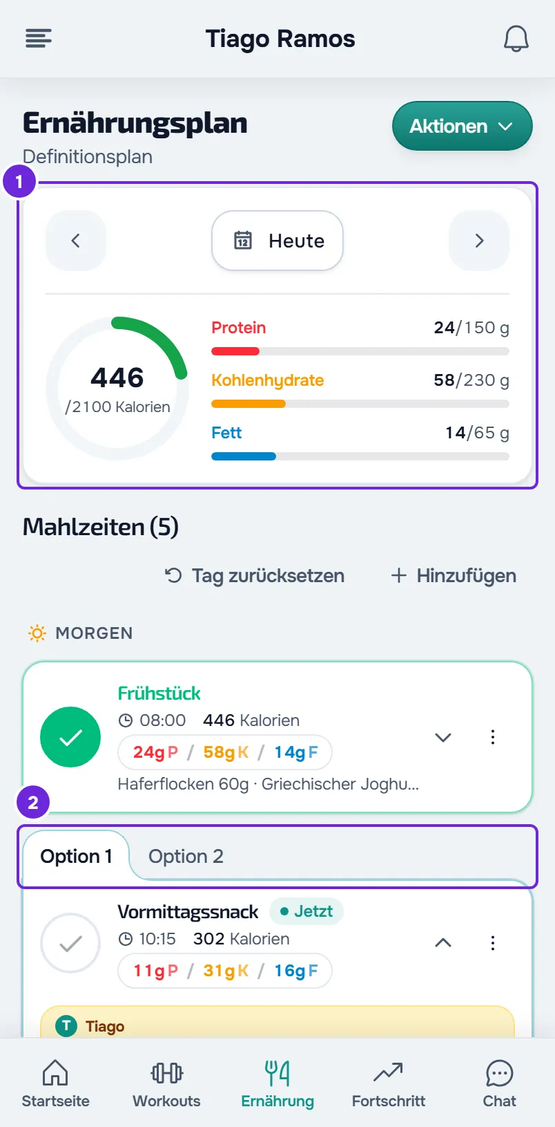 Der Ernährungsbildschirm des Kunden auf dem Handy: das Tagesziel mit dem Ring bei 446/2100 Kalorien, die Mahlzeiten und die Tabs Option 1 und 2.