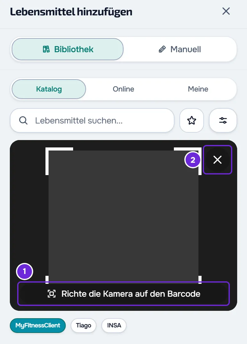 Der Kamerasucher im Fenster Lebensmittel hinzufügen mit dem Hinweis Richte die Kamera auf den Barcode und dem X zum Schließen der Kamera.