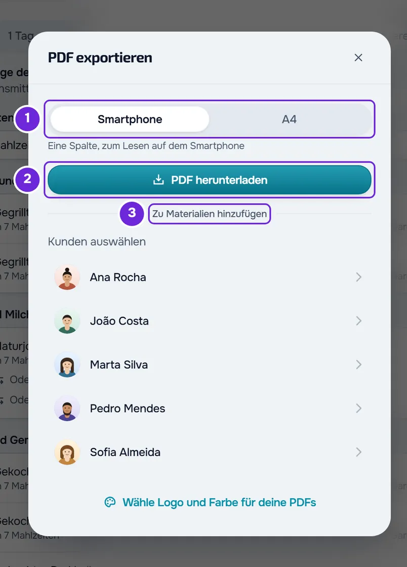 Fenster PDF exportieren mit den Formaten Smartphone und A4, der Schaltfläche PDF herunterladen, Zu Materialien hinzufügen und der Kundenliste.