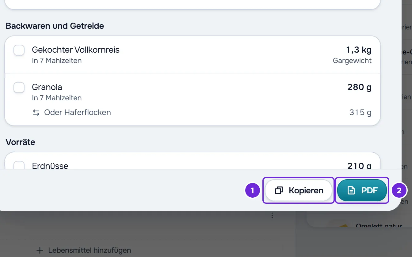 Fußzeile der Einkaufsliste mit den Schaltflächen Kopieren und PDF.