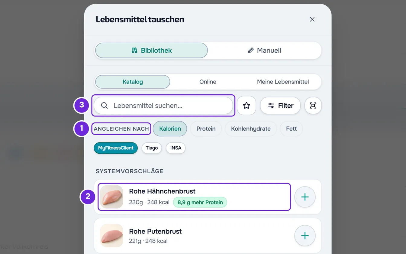 Das Fenster Lebensmittel tauschen mit Angleichen nach Kalorien, der Suche und den Systemvorschlägen mit 248 kcal; der erste hat 8,9 g mehr Protein.