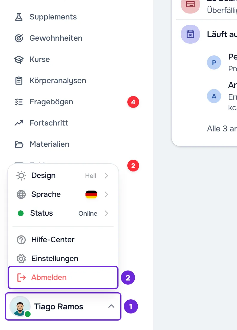 Kontomenü über deinem Foto und deinem Namen unten in der Seitenleiste geöffnet, mit Abmelden in Rot am Ende.