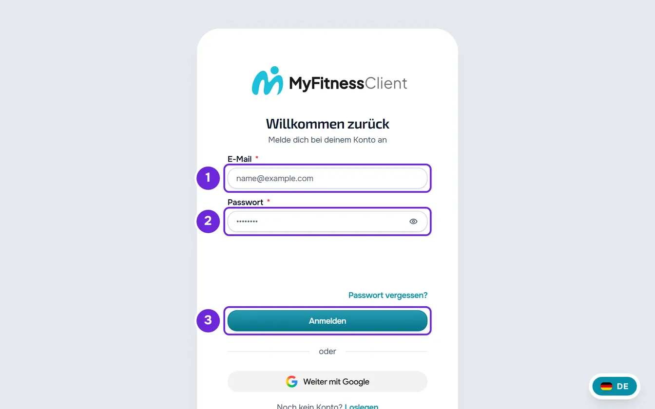 Die Anmeldeseite mit den markierten leeren Feldern E-Mail und Passwort, dem Augensymbol im zweiten und der markierten Schaltfläche Anmelden.