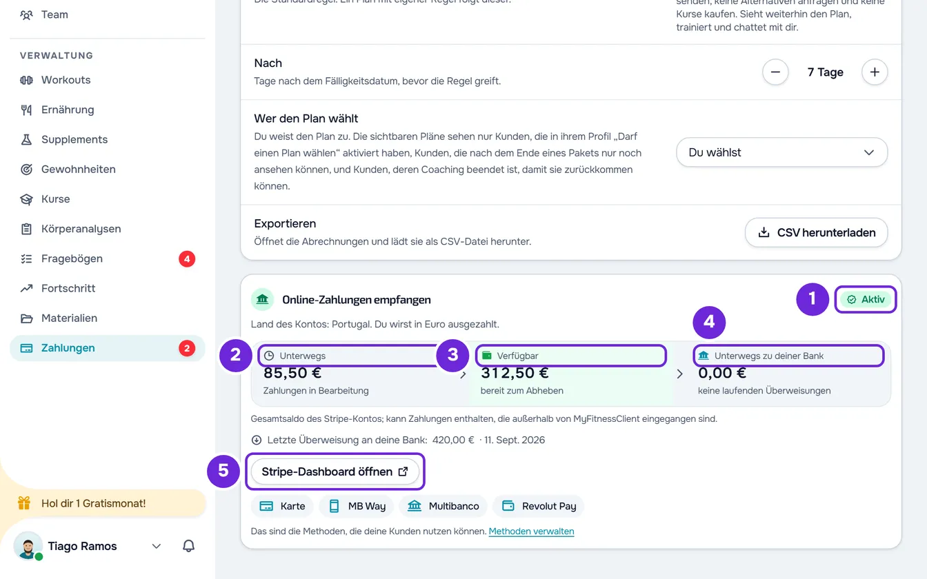 Die Karte Online-Zahlungen empfangen mit Aktiv, Unterwegs, Verfügbar, Unterwegs zu deiner Bank und der Schaltfläche Stripe-Dashboard öffnen.