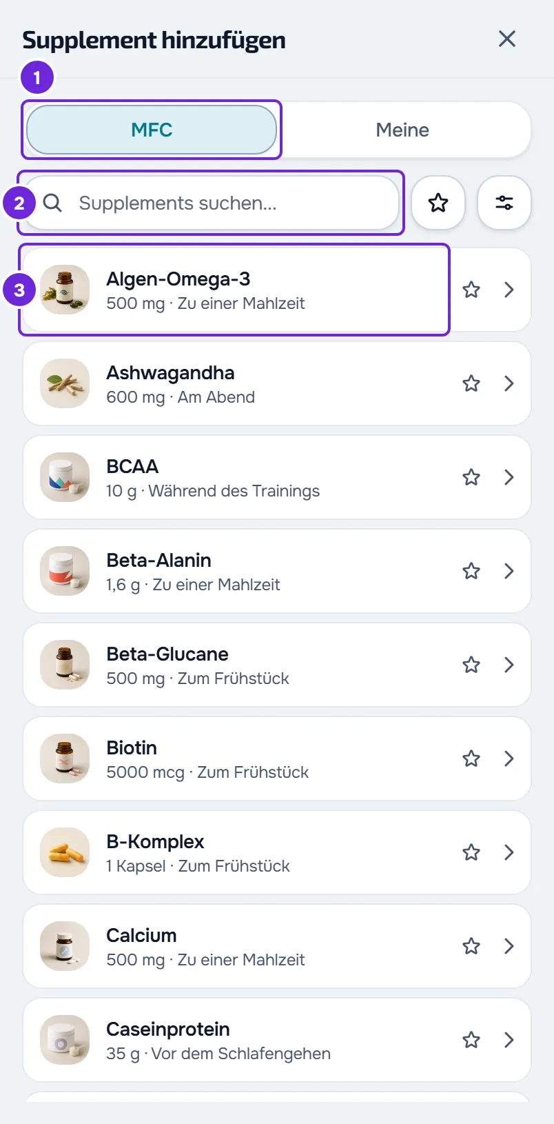 Fenster Supplement hinzufügen auf dem Handy: die Tabs MFC und Meine, die Suche mit Stern und Filtern und die Zeilen der Bibliothek.