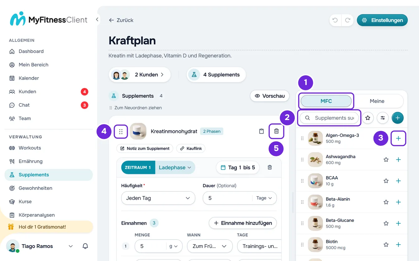 Kraftplan: die Kreatin-Karte mit Punkte-Griff und Papierkorb und rechts die Bibliothek auf MFC mit der Suche und dem + jeder Zeile.