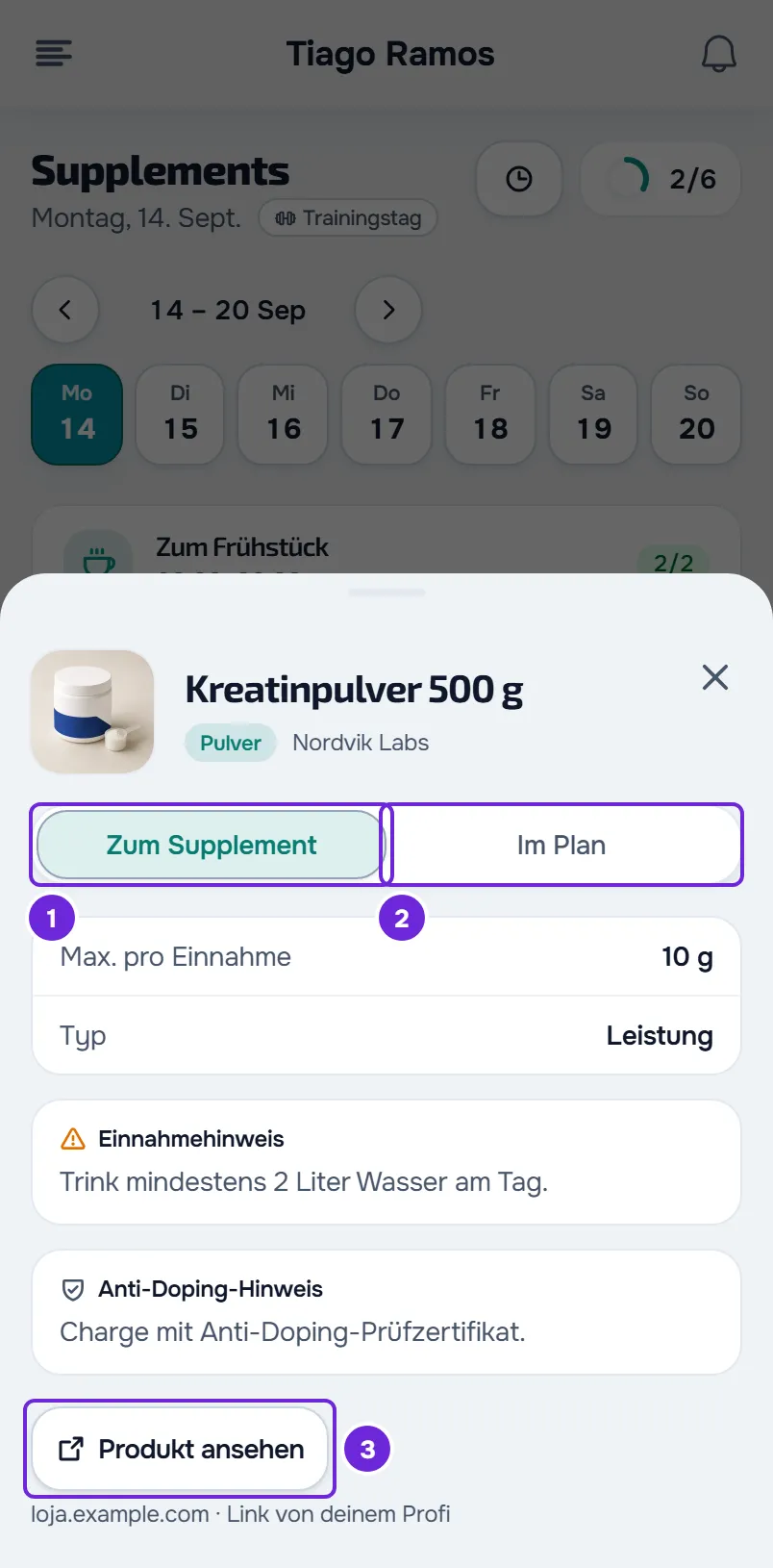 Details zu Kreatinpulver auf dem Tab Zum Supplement neben Im Plan: Max. pro Einnahme, Typ, Einnahmehinweis, Anti-Doping-Hinweis und Produkt ansehen.
