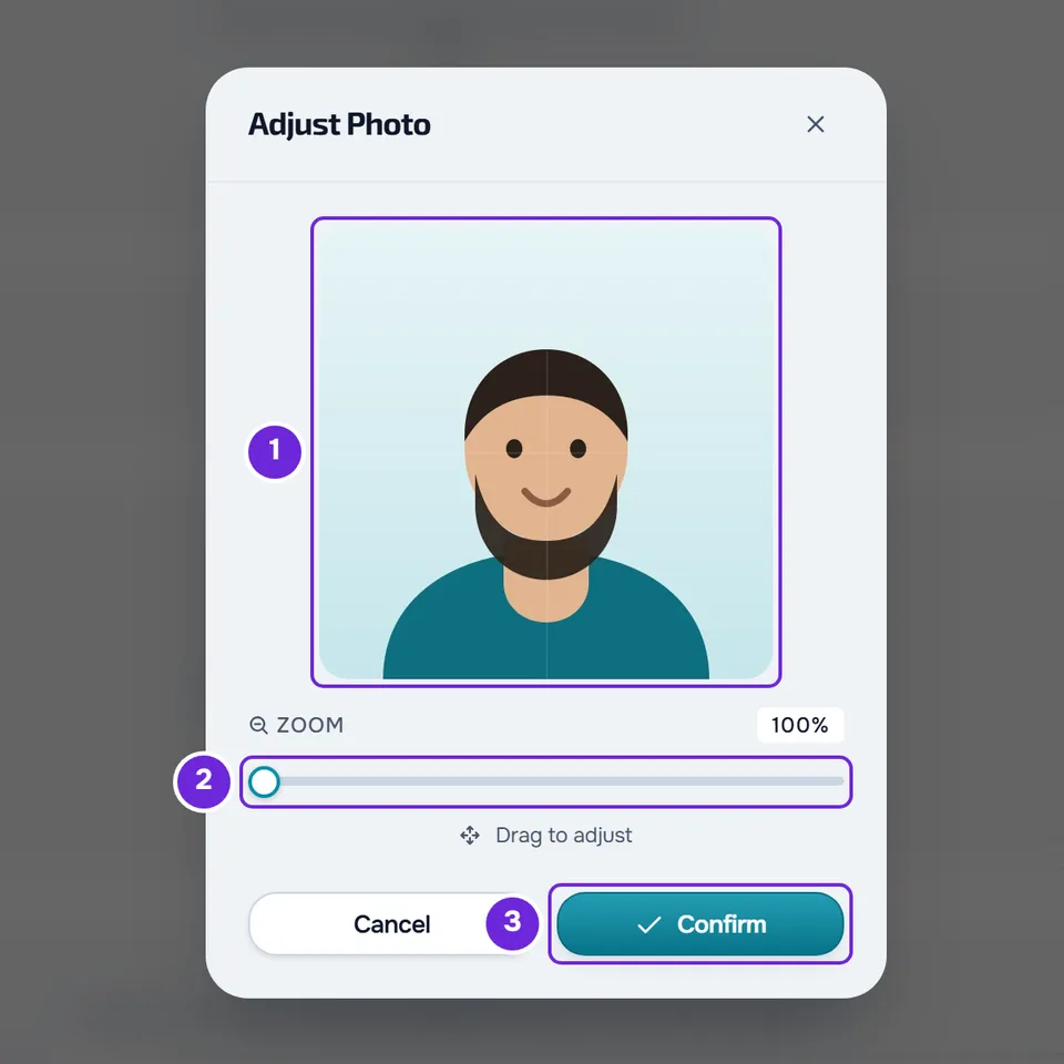 Adjust Photo window with the chosen photo, a portrait, in the square, Zoom at 100% and the Cancel and Confirm buttons.