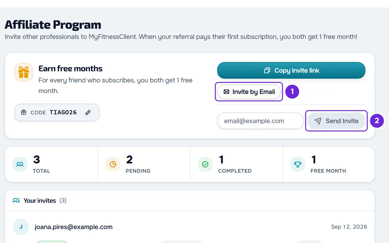 Invite by Email form open below the share buttons, with the email field and the Send Invite button.