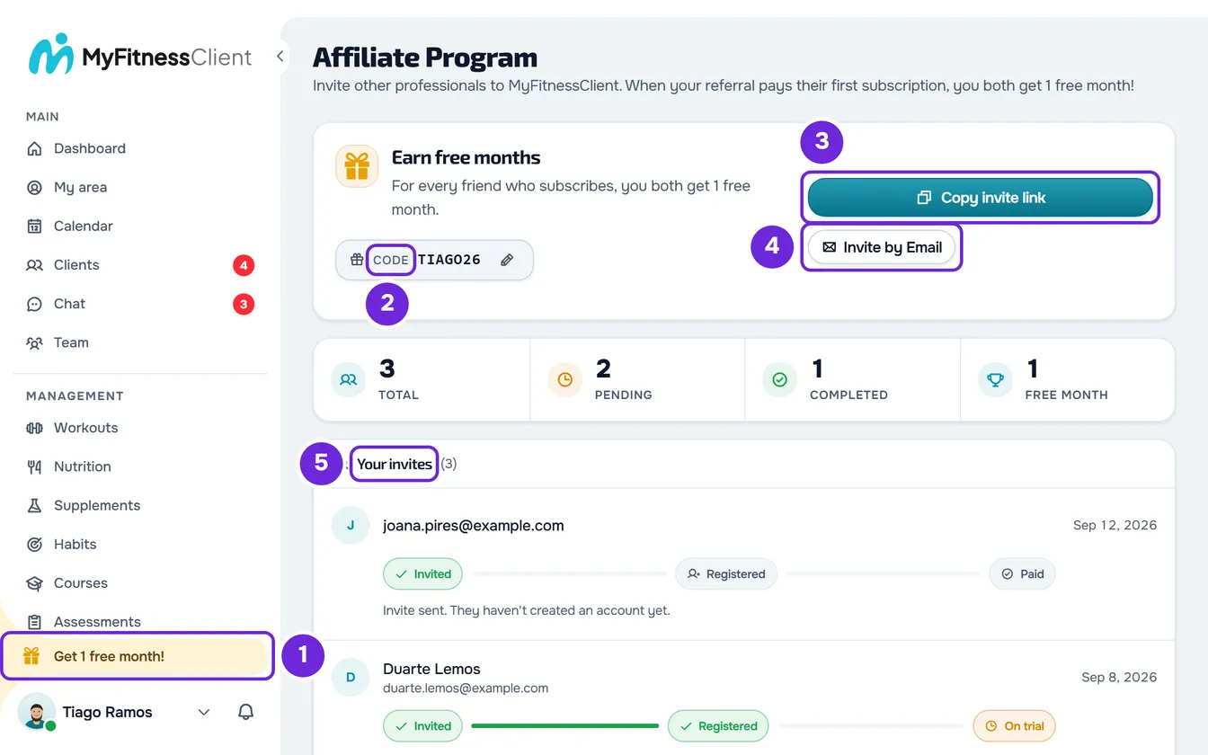 Affiliate Program with Get 1 free month! in the sidebar, the saved code, Copy invite link, Invite by Email and Your invites.