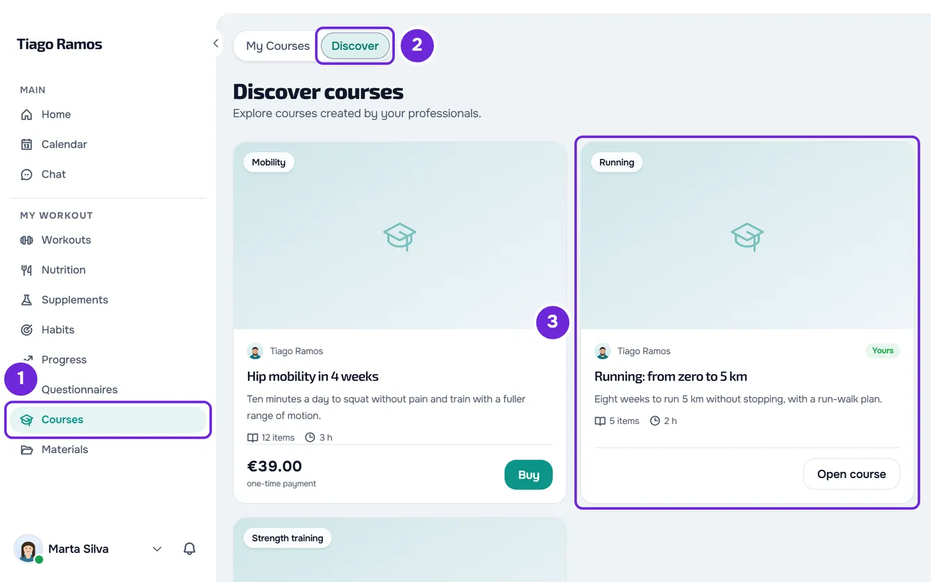 The Discover tab of Courses on a computer, with Courses in the menu, one course on sale at €39.00 and another with the Yours badge.