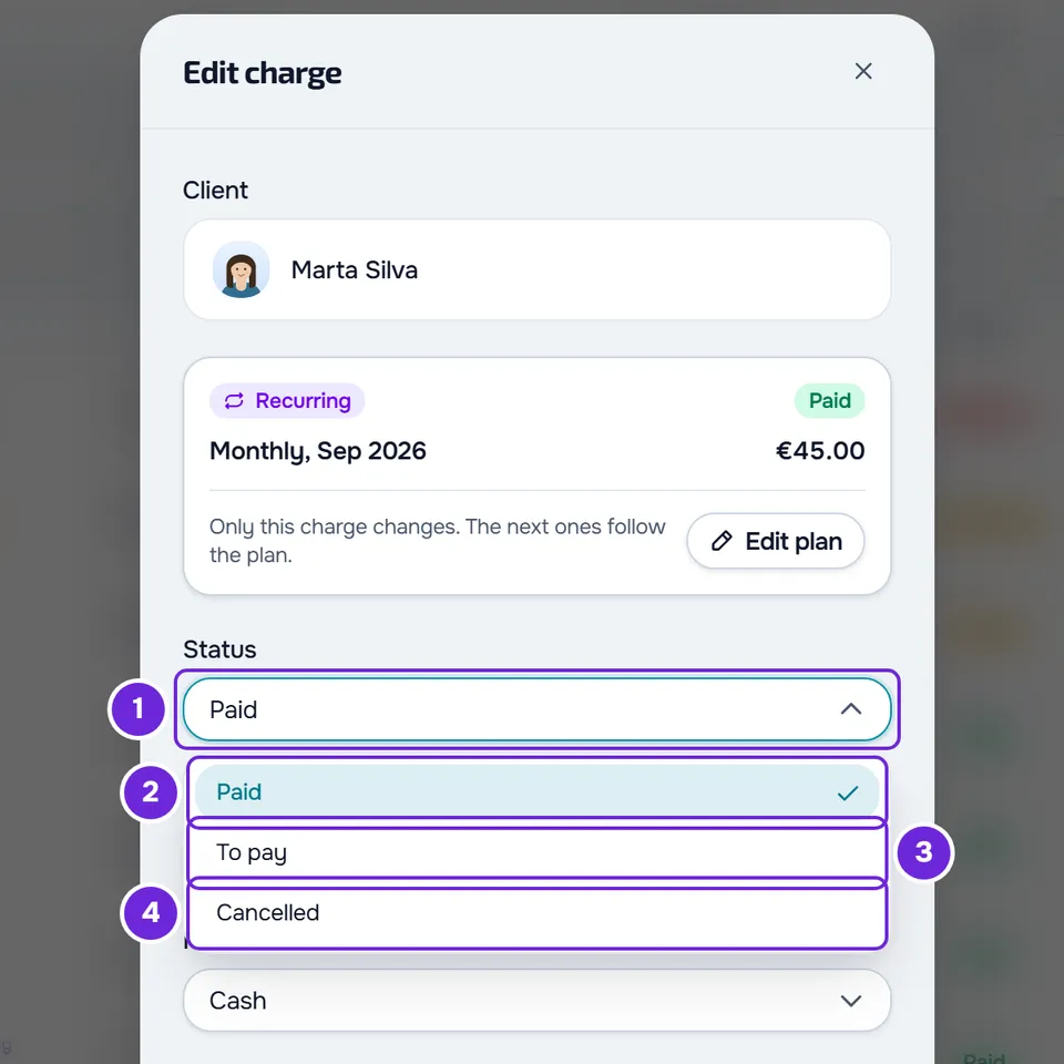 The Edit charge window with the Status field open and the Paid, To pay and Cancelled options.
