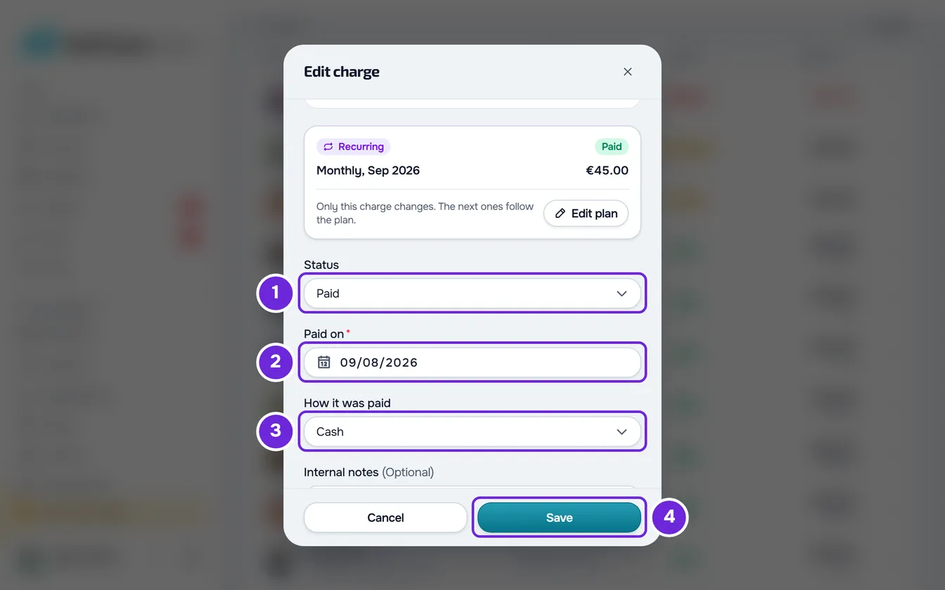 The Edit charge window for a paid monthly fee, with Status Paid, Paid on, How it was paid (Cash) and the Save button.