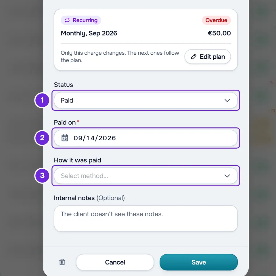 Edit charge for an overdue monthly fee with Paid chosen under Status and the Paid on and How it was paid fields.