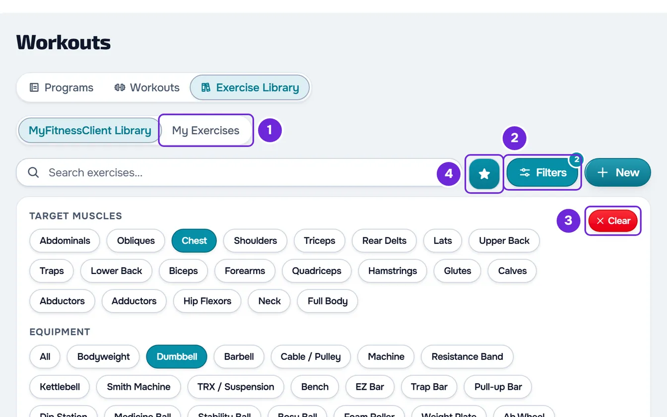 MyFitnessClient Library open, My Exercises next to it, the Show favorites only star on, Filters showing 2, the panel with Chest, Dumbbell and Clear.