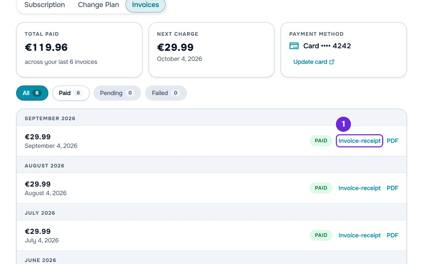 The summary, the filters and the invoices grouped by month, each with the amount, the date, the Paid badge and the Invoice-receipt and PDF links.