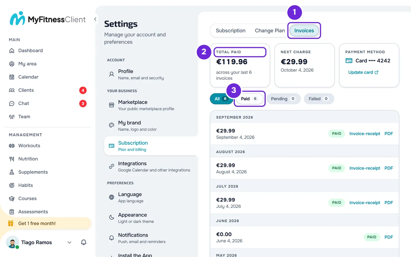 Invoices tab with the summary of the total paid, the next charge and the method, the filters and the list of invoices grouped by month.