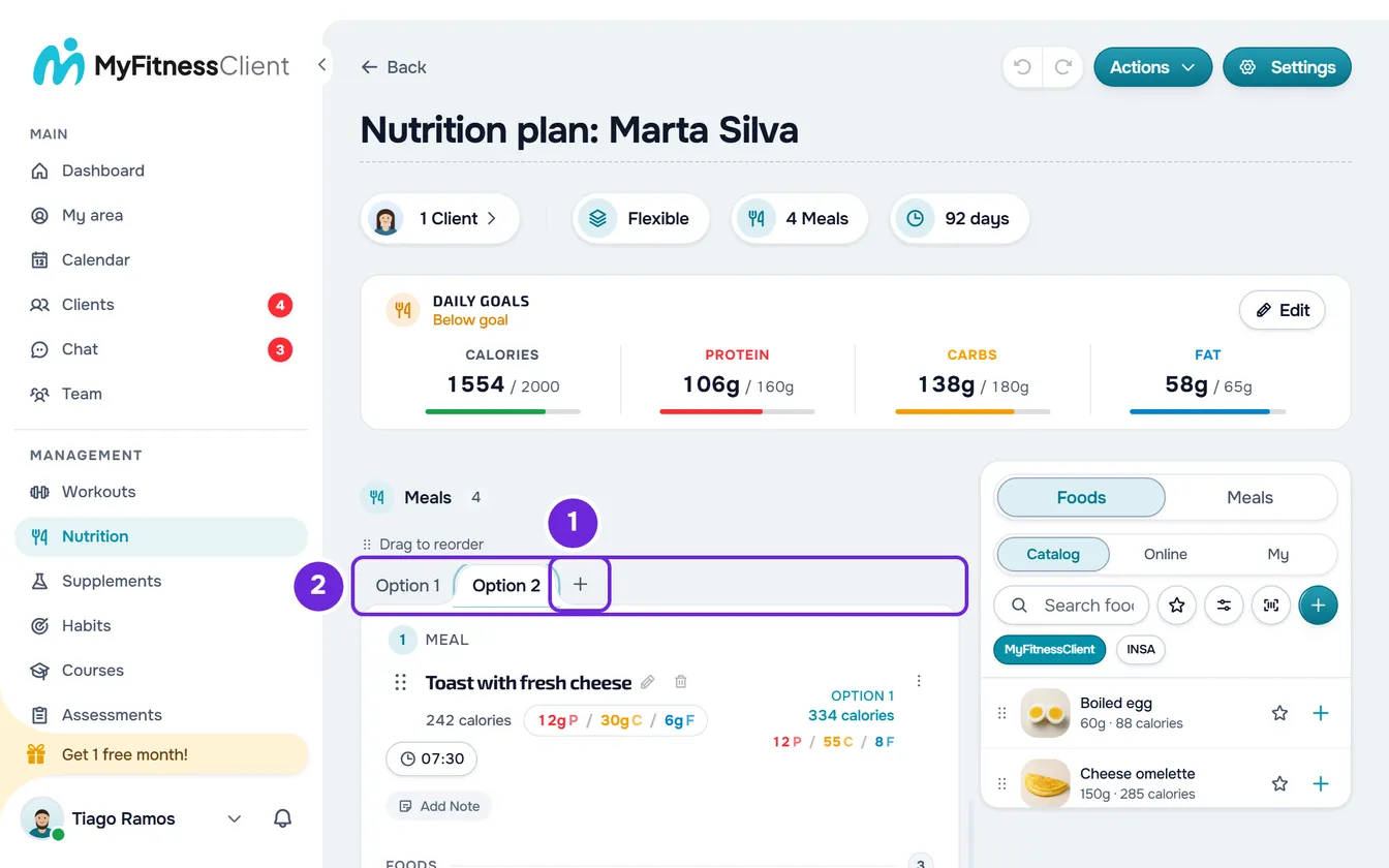 A meal with the Option 1 and Option 2 tabs and the + after them. Option 2 is open and the Option 1 column shows its calories and macros.