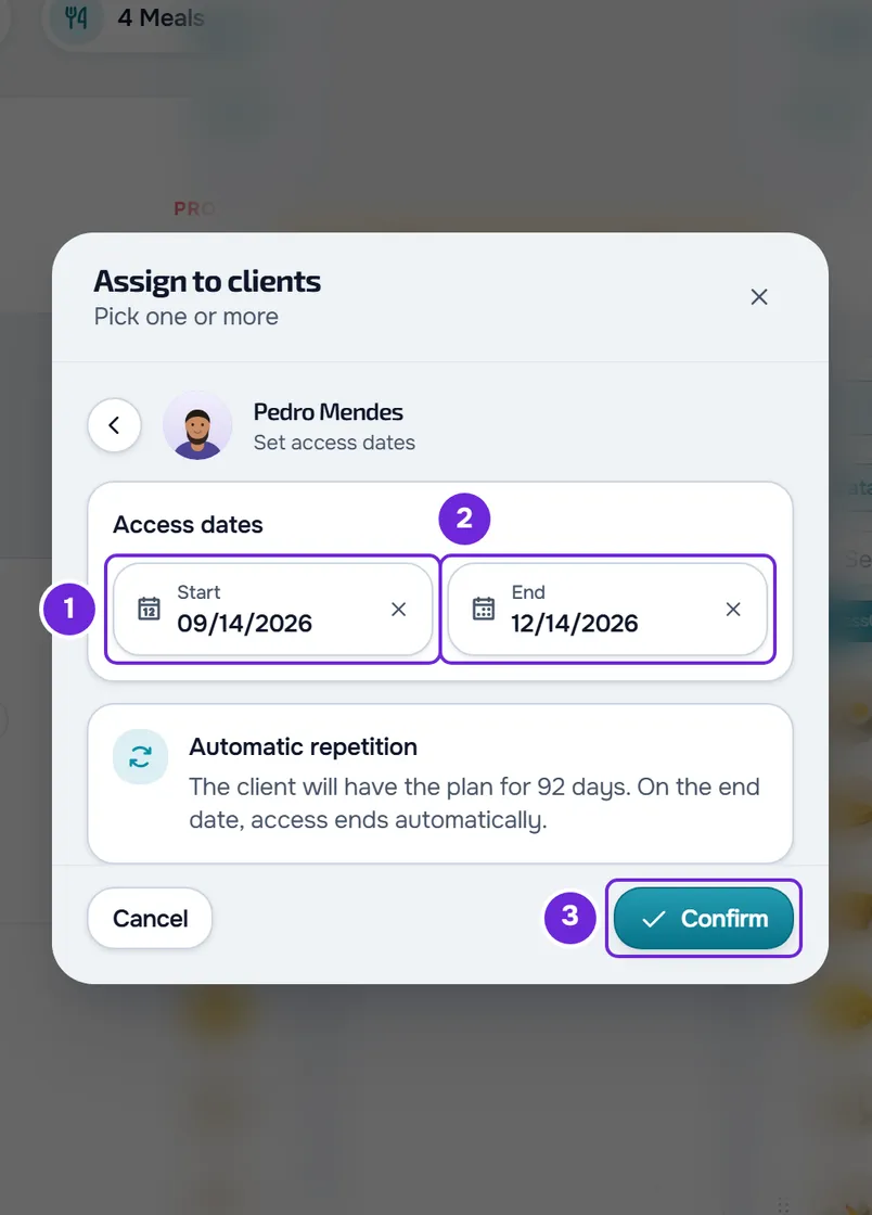 The access dates step for one client: the Start with today's date and the End filled in, the Automatic repetition card and the Confirm button.