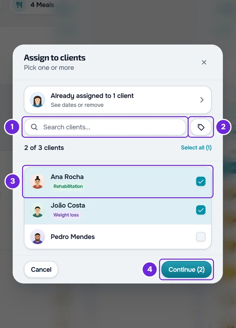 Assign to clients window with Search clients..., the tags button, two of three clients ticked, Select all (1) and the Continue (2) button.