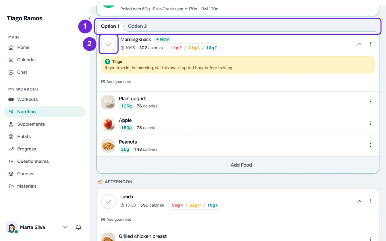 The morning snack open, with the Option 1 and Option 2 tabs, the unticked circle before its name, Now, the note and the foods.