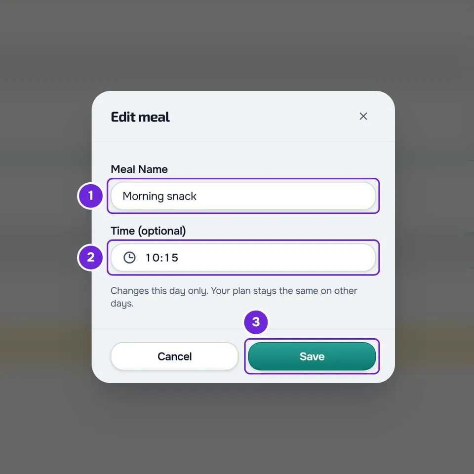 The Edit meal window with the name Morning snack, the time 10:15, the note that it only changes this day and the Save button.