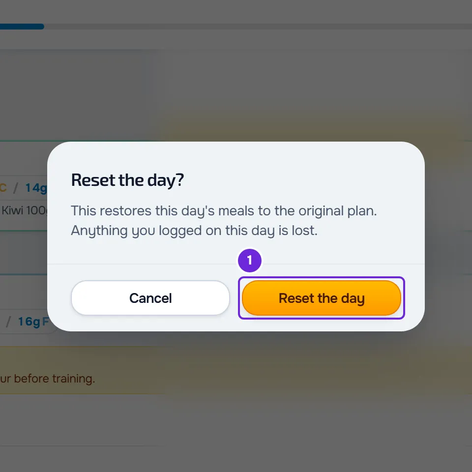 The Reset the day? window warning that anything you logged on this day is lost, with the Reset the day button.