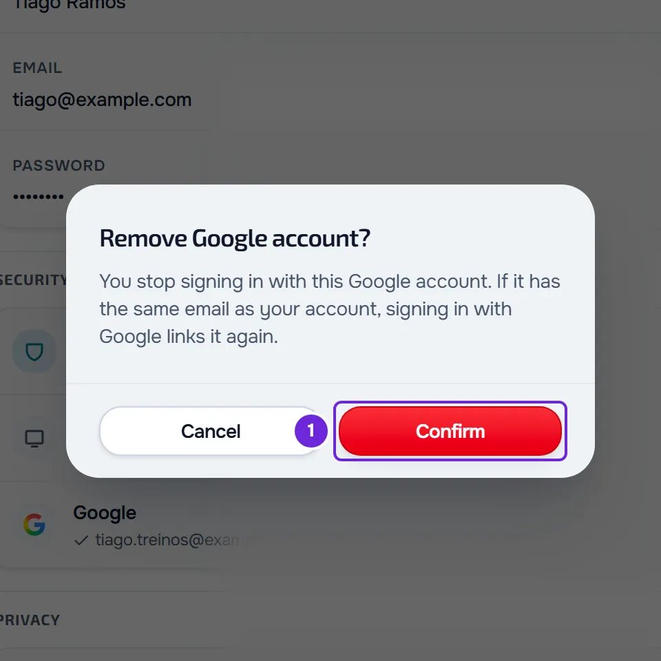 Remove Google account? window, warning that you stop signing in with it and that it links again if it has your email, with Cancel and Confirm.