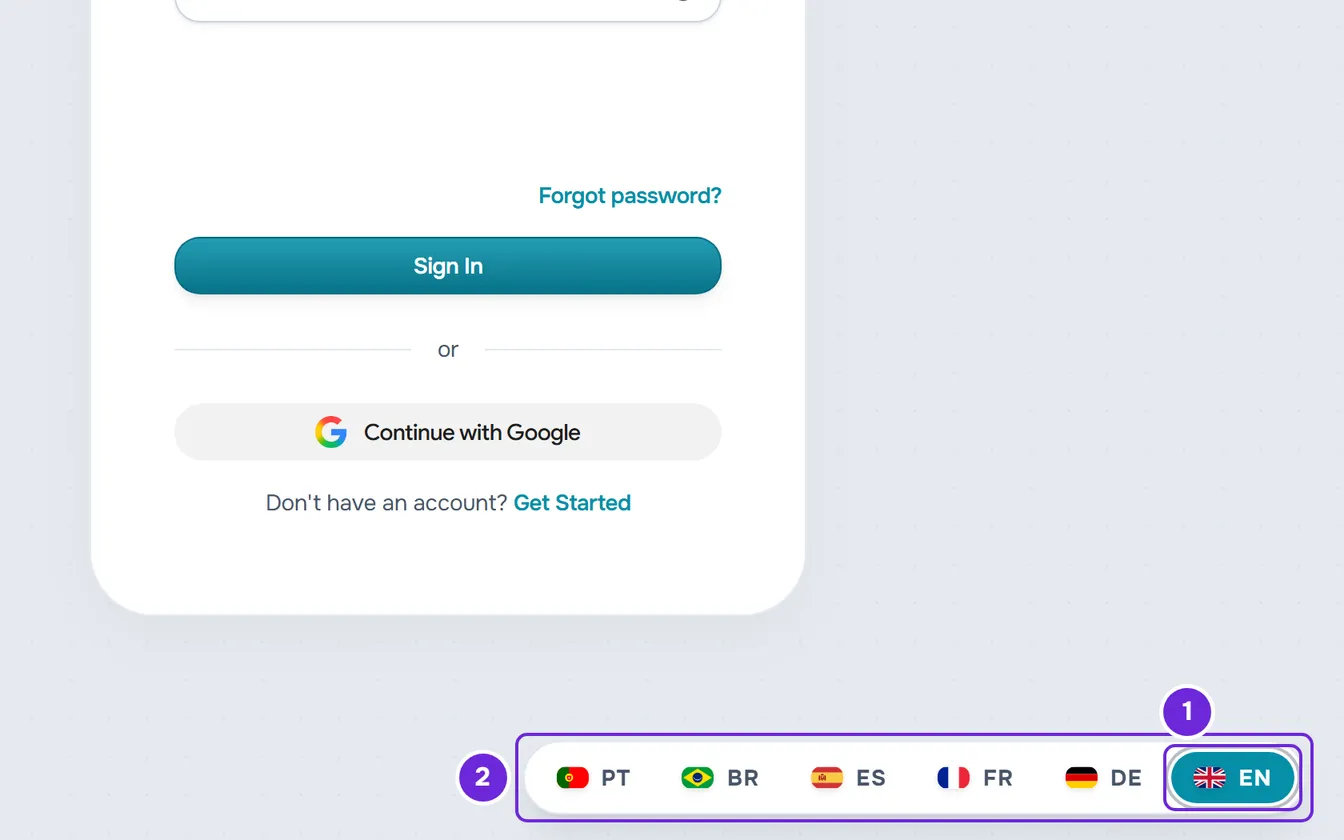 The bottom-right corner of the sign-in page. The flag and EN of the current language and the pill, open with the other five languages, are marked.