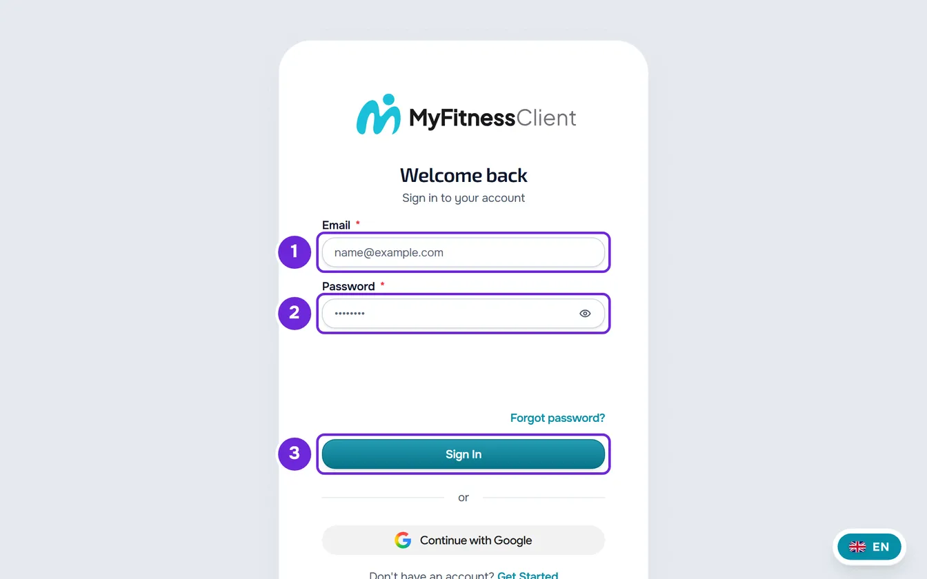 The sign-in page with the empty Email and Password fields, the eye icon inside the second one, and the Sign In button marked.
