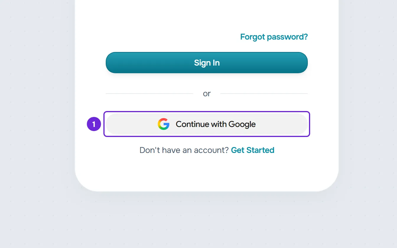 The bottom of the sign-in card: below “or”, the Continue with Google button, marked.