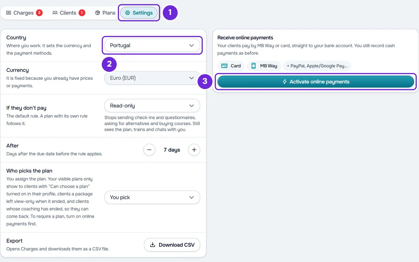 The Settings tab with the Country row and the Receive online payments card with the Activate online payments button.