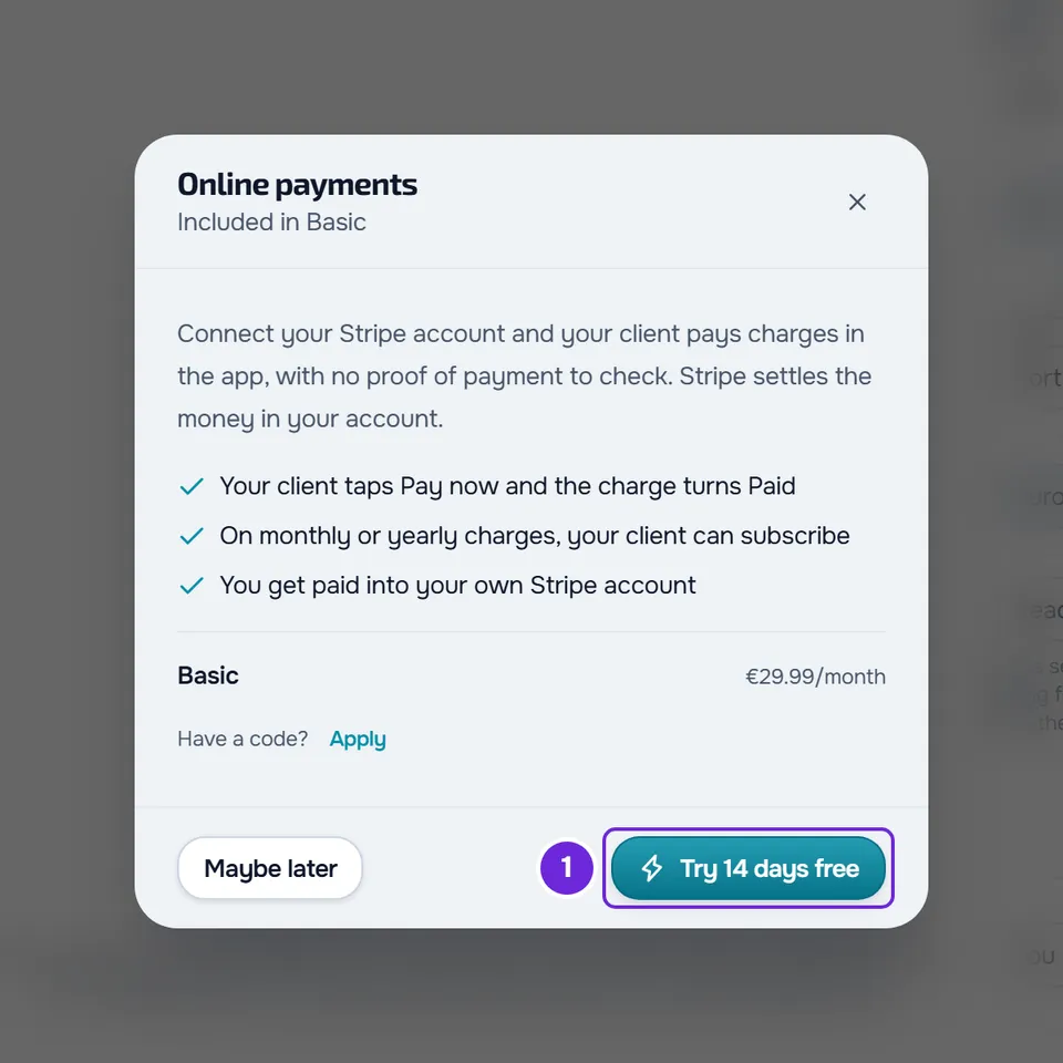 The Online payments window on a plan without them, with the Basic plan, its monthly price and the button to try it free for 14 days.