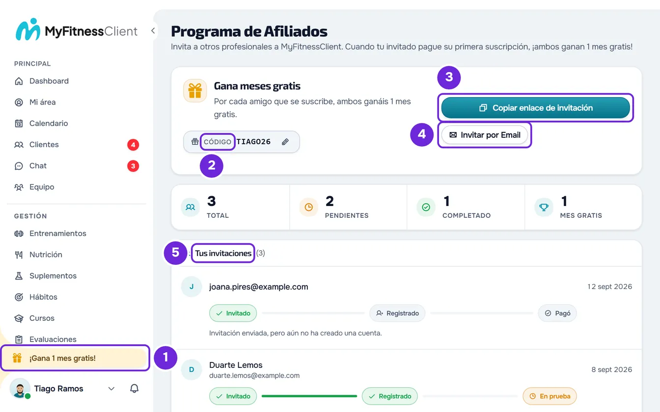 Programa de Afiliados con ¡Gana 1 mes gratis! en el menú, el código guardado, Copiar enlace de invitación, Invitar por Email y Tus invitaciones.
