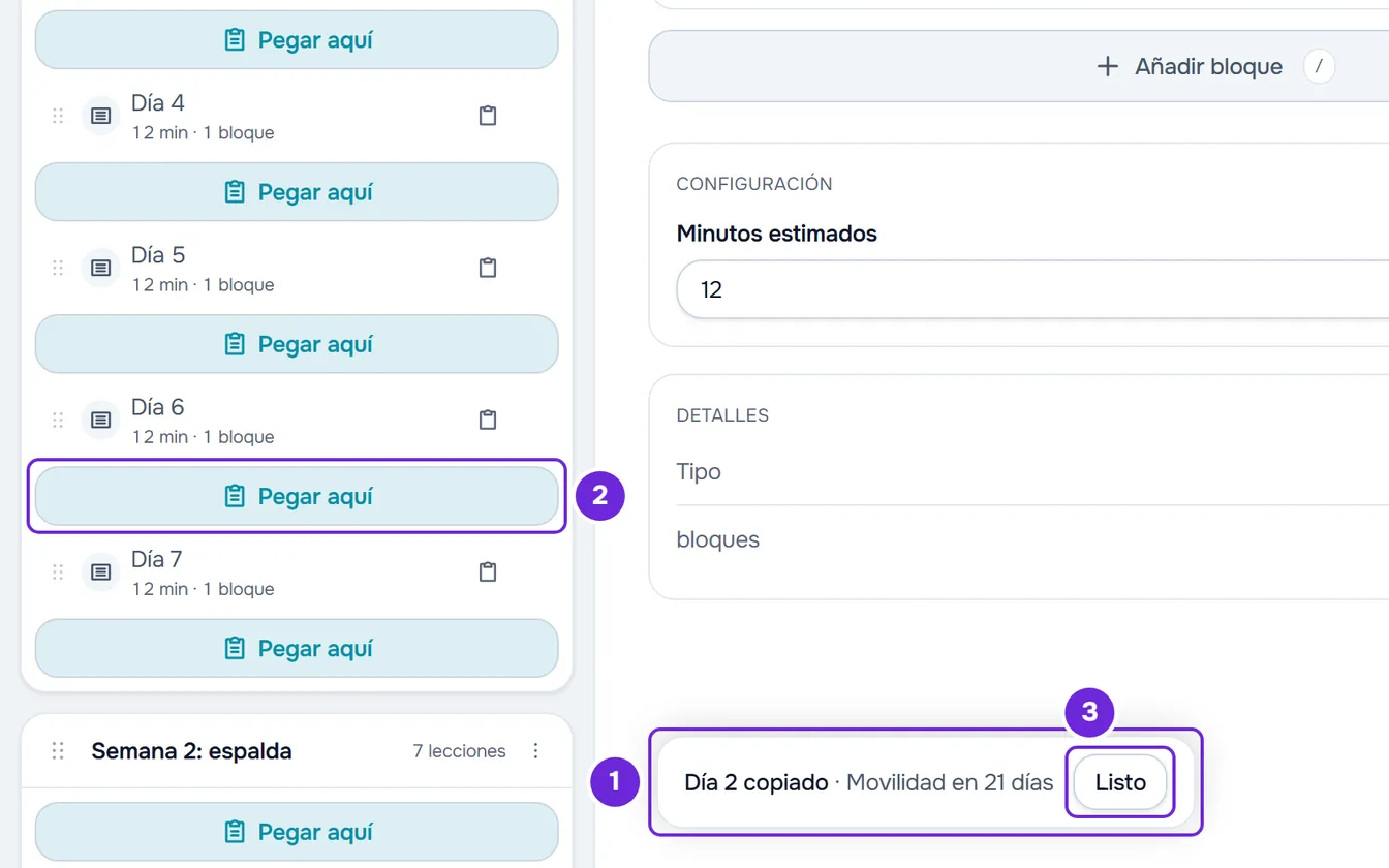 Pestaña Lecciones del curso Movilidad en 21 días tras copiar el Día 2, con Pegar aquí entre las lecciones y, abajo, la barra con Listo.