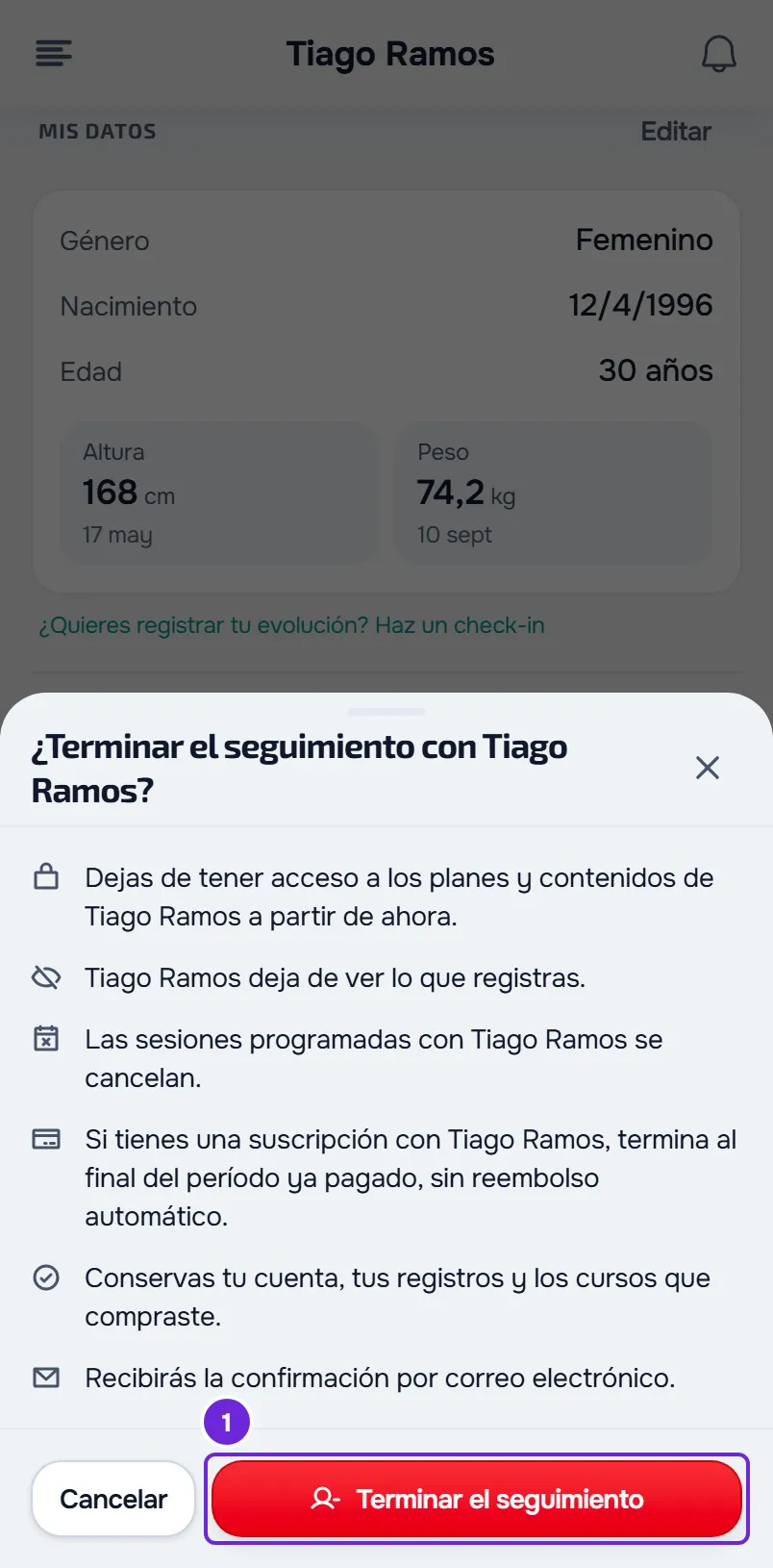 Ventana de confirmación para terminar el seguimiento con Tiago Ramos, en el móvil, con lo que cambia y el botón Terminar el seguimiento señalado.