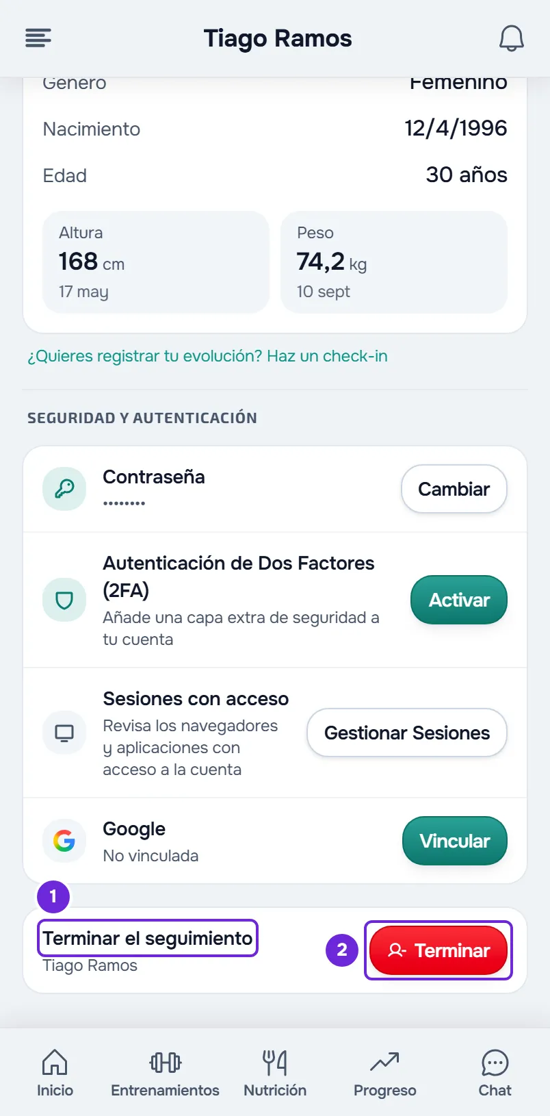 Final del Perfil en Configuración, en el móvil, con la fila Terminar el seguimiento y el botón Terminar señalados.