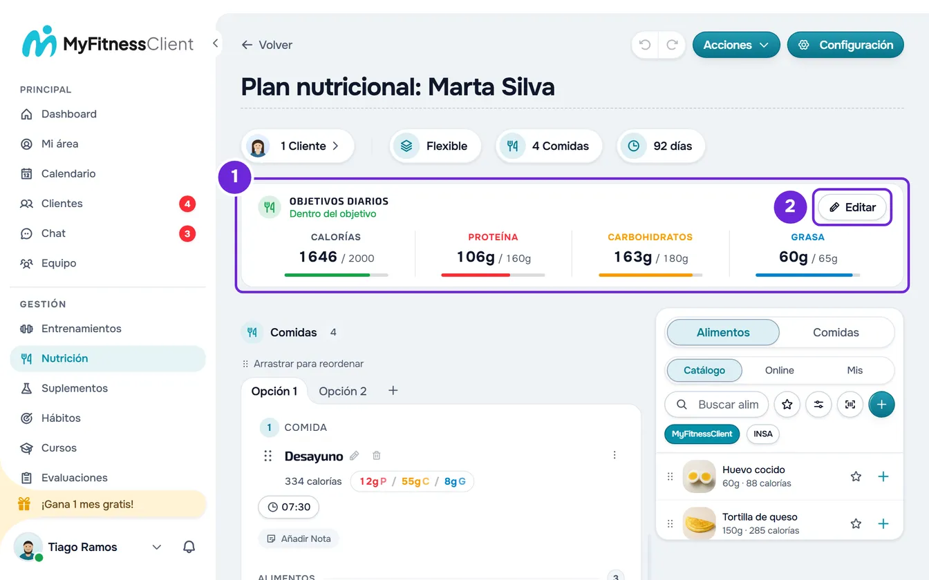 Editor de un plan con la tarjeta Objetivos Diarios, dentro del objetivo: 1646 de 2000 calorías, proteína, carbohidratos y grasa, y el botón Editar.