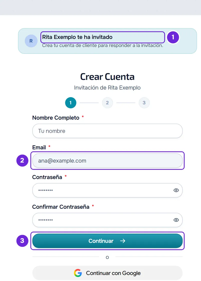 Registro desde la invitación como cuenta de cliente, con la tarjeta de invitación, el email ya completado y bloqueado y el botón Continuar señalados.
