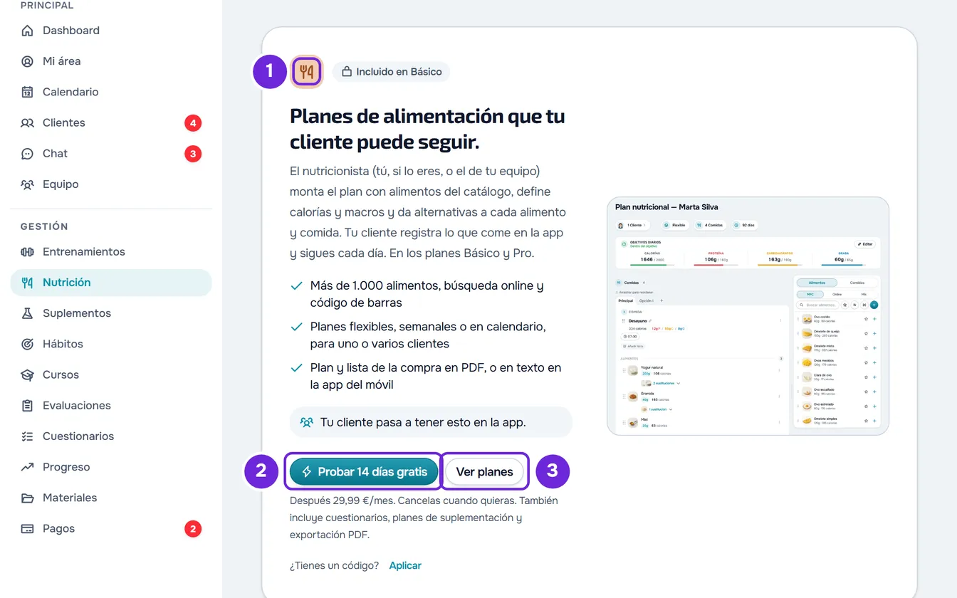 Página Nutrición bloqueada: el icono, la etiqueta Incluido en Básico, el botón principal, Ver planes, el precio y la imagen.