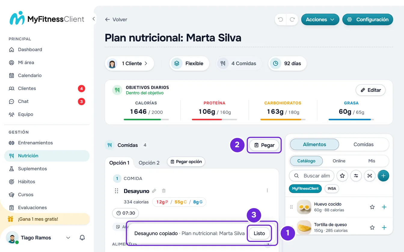 Plan alimenticio con el Desayuno copiado: abajo, la barra con Listo; en Comidas, el botón Pegar y, junto a las pestañas, Pegar opción.