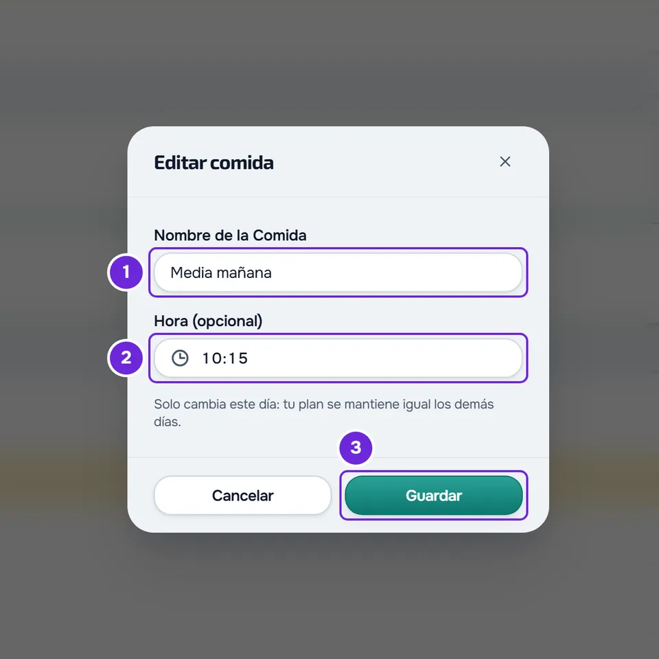 Ventana Editar comida con el nombre Media mañana, la hora 10:15, la nota de que solo cambia este día y el botón Guardar.