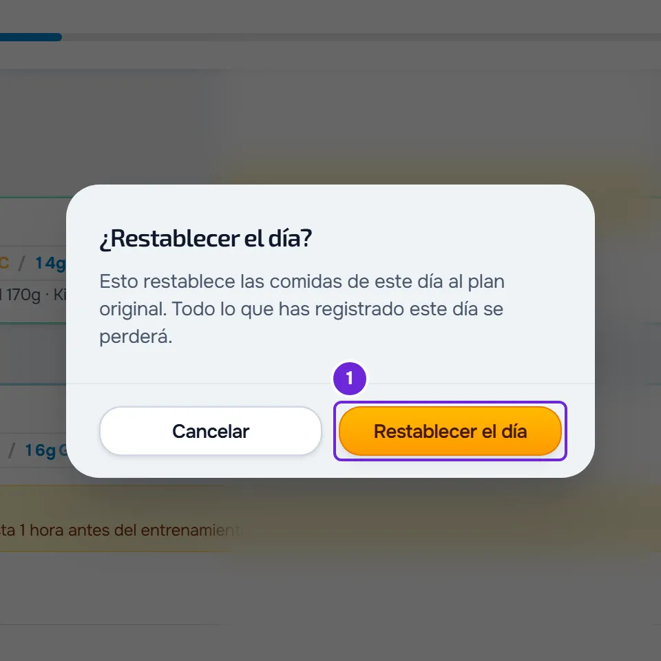 Ventana ¿Restablecer el día? con el aviso de que se perderá todo lo que has registrado este día y el botón Restablecer el día.