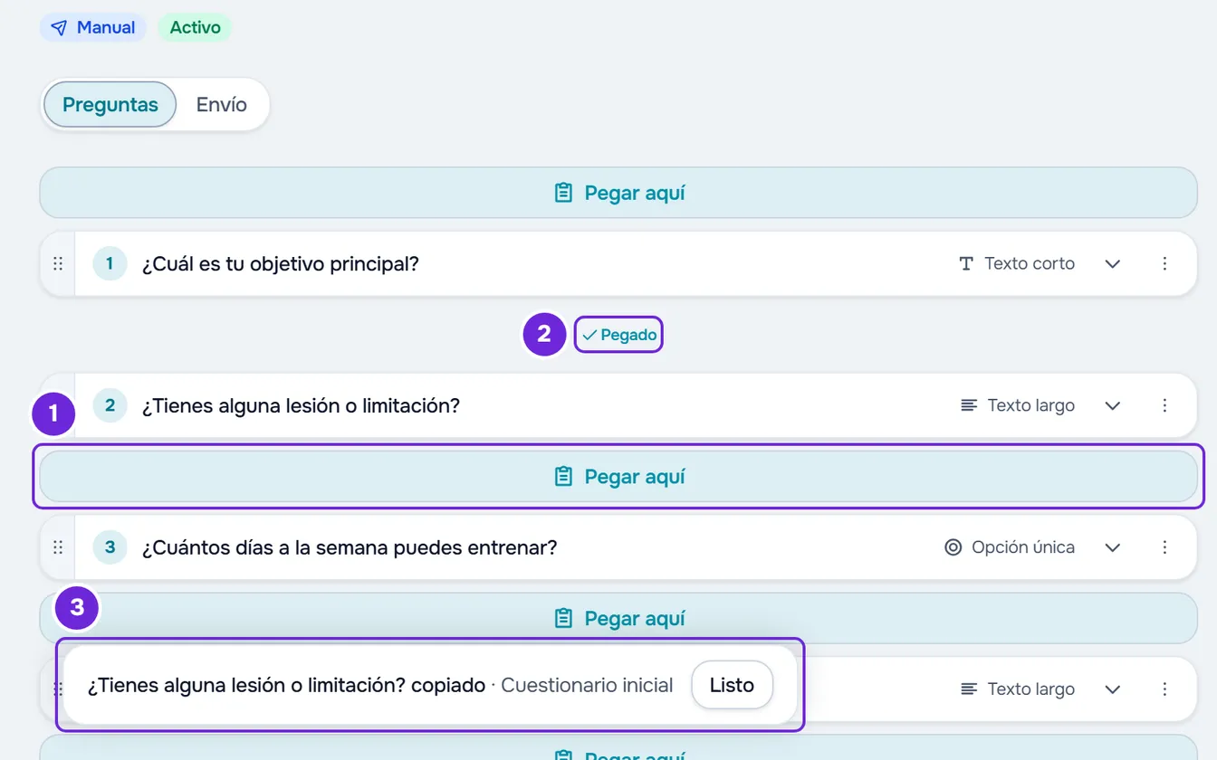Pestaña Preguntas de un cuestionario tras pegar una pregunta: Pegado encima de ella, Pegar aquí en los huecos y la barra con Listo.
